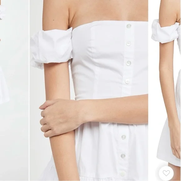 Staud Mini Elio Dress in White / Off The Shoulder Prairie Dress w/ Puffy Sleeves - Picture 4 of 13